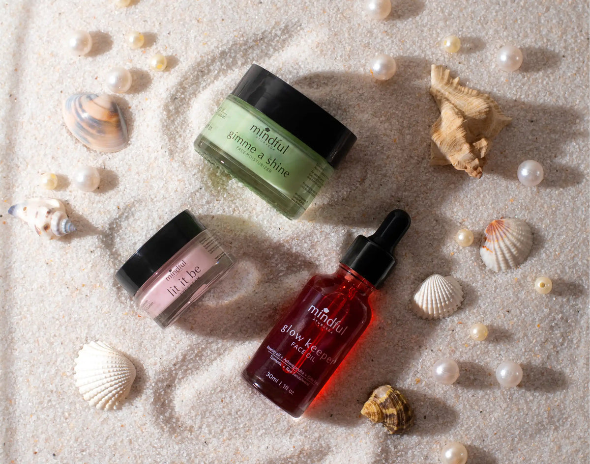 Mindful Ayurveda products on sand