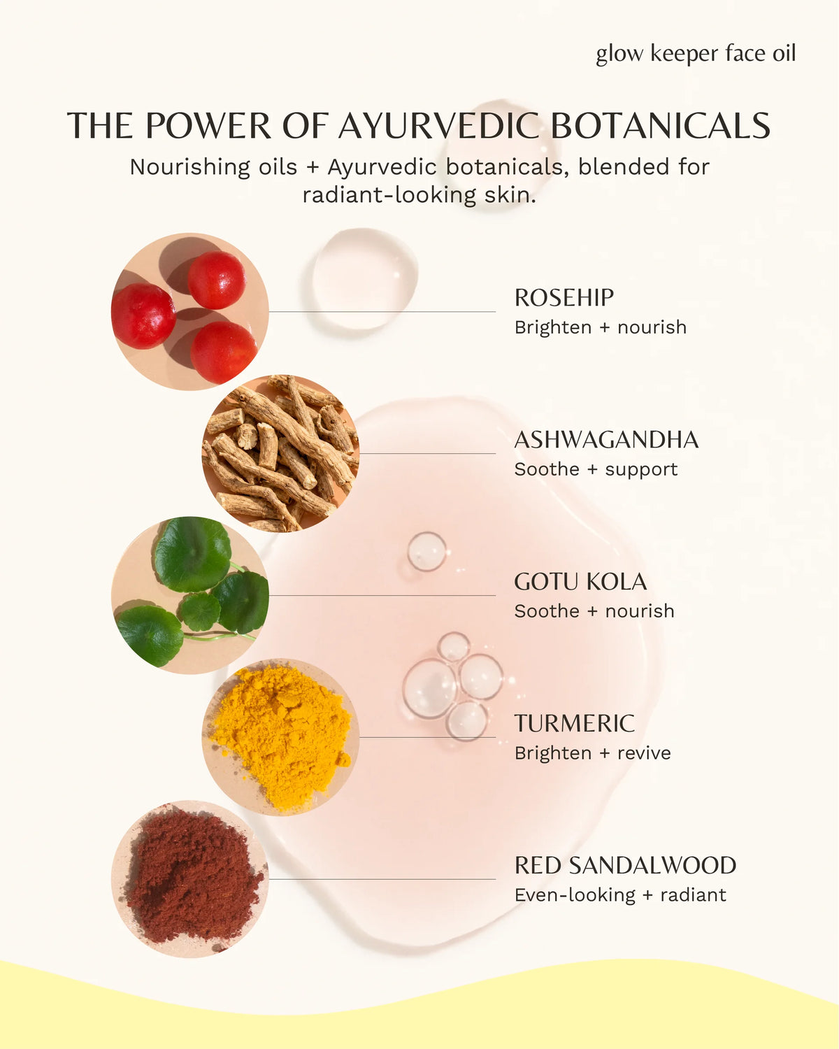 Glow keeper face oil: The power of Ayurvedic botanicals: rosehip, ashwagandha, gotu kola, turmeric, red sandalwood