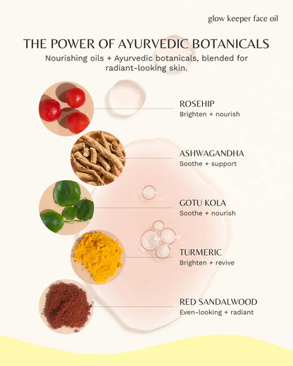 Glow keeper face oil: The power of Ayurvedic botanicals: rosehip, ashwagandha, gotu kola, turmeric, red sandalwood